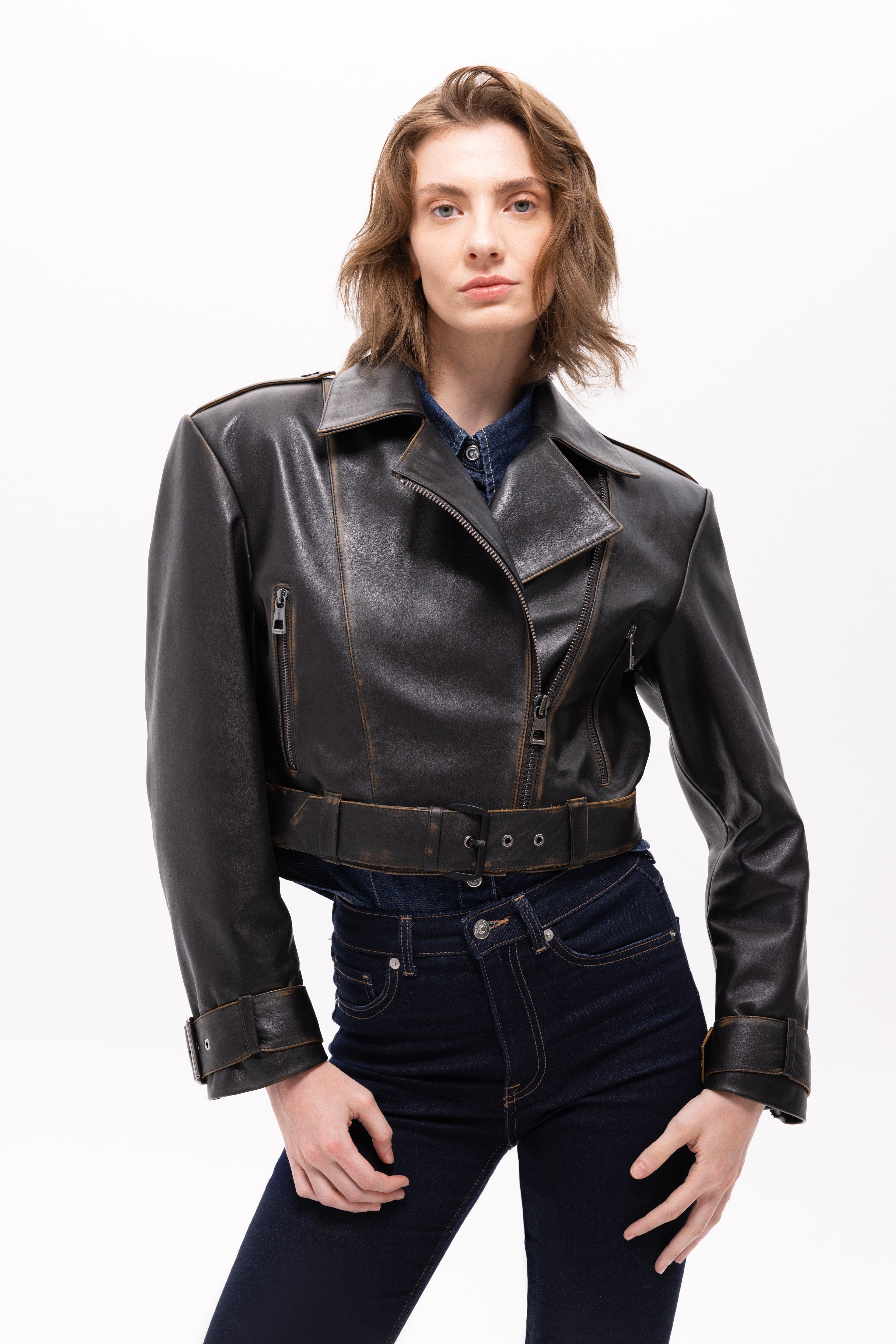 Lita Vintage Look Biker Deri Ceket